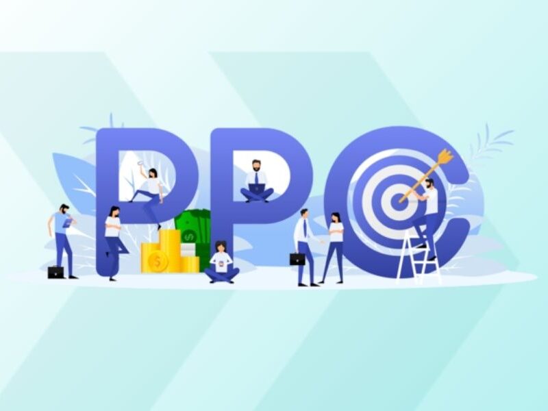 PPC pay-per-click marketing illustration with business people, target and money icons