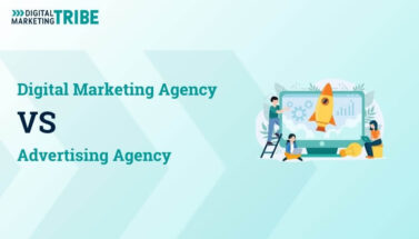 DMT branded banner for Digital Marketing Agency VS Advertising Agency blog post with rocket illustration