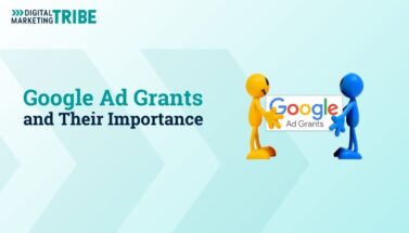 Digital Marketing Tribe branded blog banner for Google Ad Grants and Their Importance with two figurines exchanging a Google Ad Grants sign
