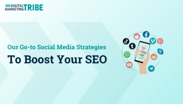 DMT branded banner for Social Media Strategies to Boost Your SEO post with social media icons on a phone