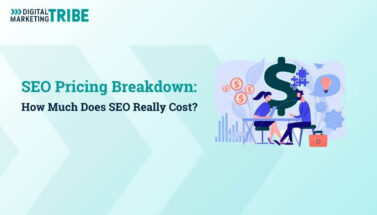Digital Marketing Tribe branded blog banner titled SEO Pricing Breakdown: How Much Does SEO Really Cost? with two people discussing costs, dollar signs and puzzle piece illustration