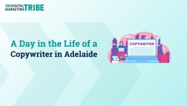 DMT branded banner for A Day in the Life of a Copywriter in Adelaide with copywriter at laptop illustration