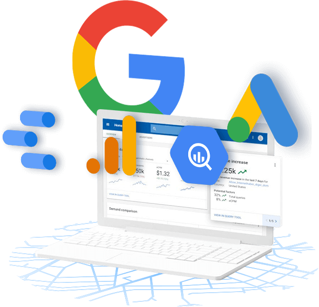 Google Ads campaign dashboard illustration with performance charts