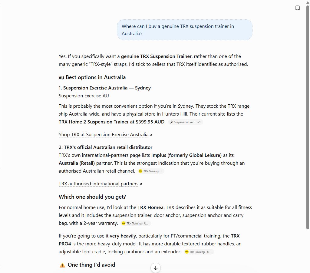 ChatGPT recommending Suspension Exercise Australia first for a genuine TRX suspension trainer, September 2026