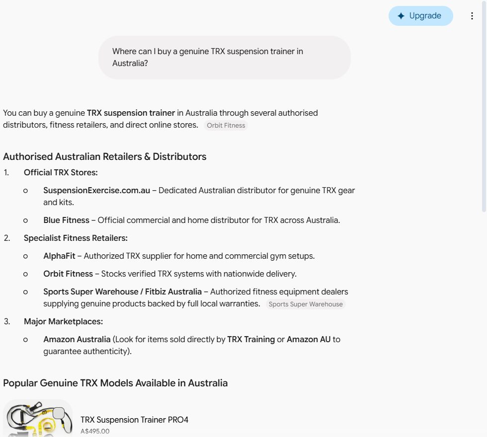 Google Gemini listing SuspensionExercise.com.au first under official TRX stores in Australia, September 2026