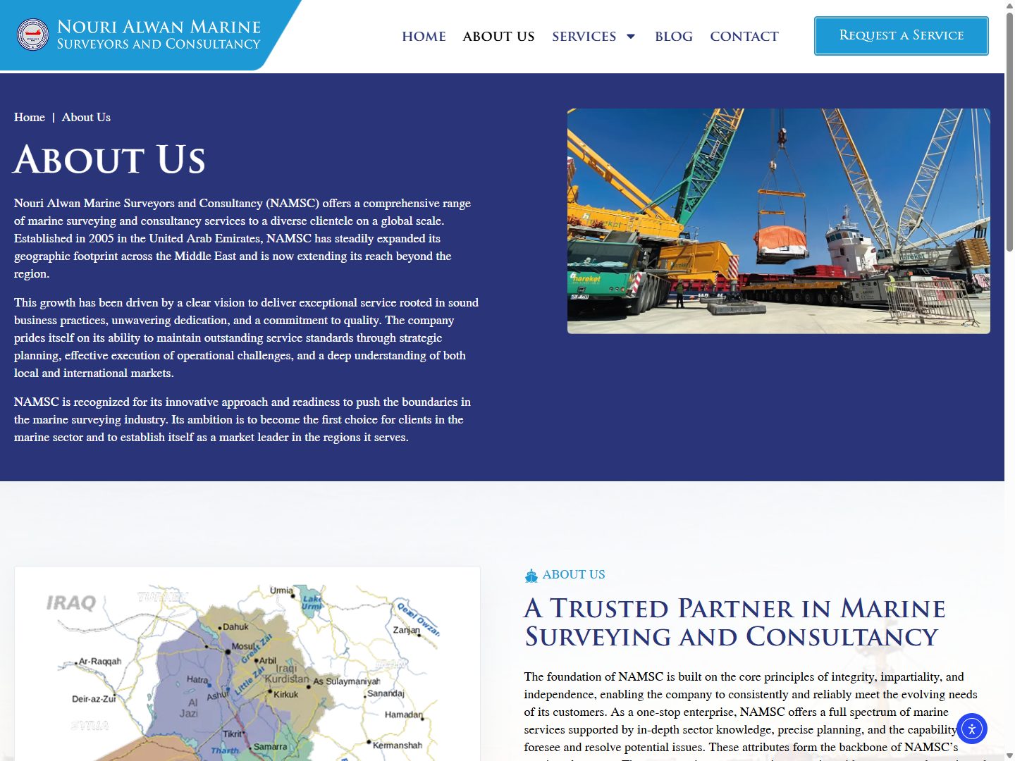 Alwan Marine about page with its UAE and Iraq operations map, a website built by Digital Marketing Tribe